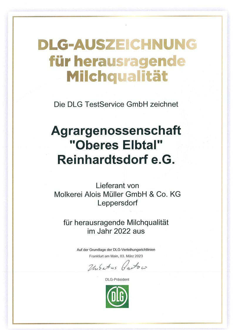 Zertifikat: DLG Auszeichnung für herausragende Milchqualität